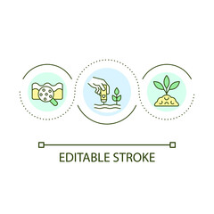 Soil tests loop concept icon. Ground scientific research. Growing plants. Agriculture abstract idea thin line illustration. Isolated outline drawing. Editable stroke. Arial font used