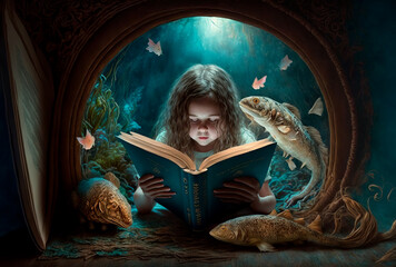 Fototapeta premium little girl reading a fantasy book, generative ai