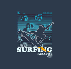 Vector illustration on the theme of surf rider and surfing in Hawaii. Grunge background. Typography, t-shirt graphics, print, poster, banner, flyer, postcard