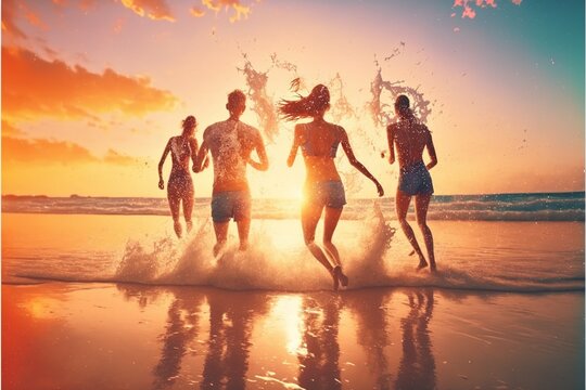 Happy friends splashing inside water on tropical beach at sunset ai generated