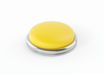 Alarm button 3d render icon - start yellow simple circle with switch sign, round shutdown metal element