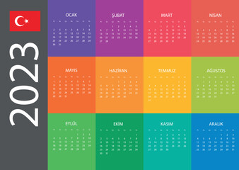 Calendar in Turkish for 2023. The week starts from Monday. Vector illustration
