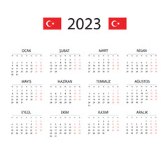 Calendar in Turkish for 2023. The week starts from Monday. Vector illustration
