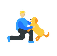 child playing with his dog, boy play with cute puppy. human and pets. cartoon boy character  and dog vector illustration