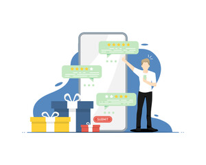 Customer review concept, Human standing with smartphone, Digital marketing illustration.
