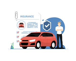 Personal car insurance concept, Human standing with personal car, Digital marketing illustration.