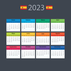Calendar in Spanish for 2023. The week starts from Monday. Vector illustration
