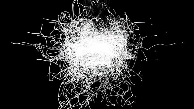 Abstract tangle of threads and particles unwinds and becomes more complicated. Chaotic jumble of threads and lines. Cosmic chaos. Monochrome on black background with Alpha channel 3D render