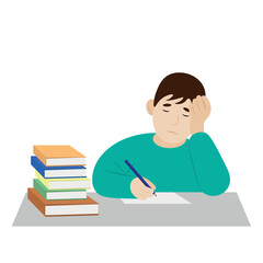 Sad boy sitting at the table and doing homework, flat vector, isolate on white, books