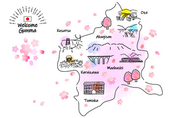 春の群馬県の観光地のシンプル線画イラストマップ（ピンク）