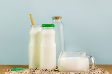 Sunflower seed milk in glass cup and bottles on blue background. Dairy free, non lactose, plant milk. Raw diet meal. Healthy vegetarian or vegan food. Eco friendly product. Front view, selective focus