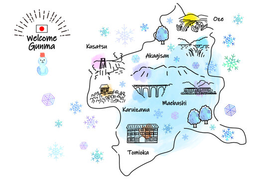 冬の群馬県の観光地のシンプル線画イラストマップ