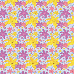 Fototapeta na wymiar Colorful blossom flowers vector repeat pattern with periwinkle color background