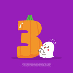Pumpkin plus number 3 with cute ghost emoji sticker beside it vector illustration