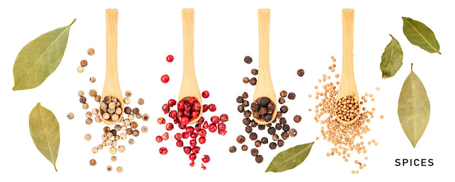 Peppercorn, bay leaf and mustard seeds set. PNG with transparent background. Flat lay. Without shadow.