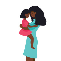 Fototapeta na wymiar afro american Portrait of young daughter trying to give her mother a big hug. Illustrated in flat design on pink background. Concept of motherhood or love toward mothers