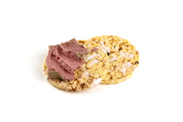 Chicken liver pate sandwich, isolated on white background.
