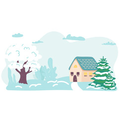 Vector illustration of a Christmas winter landscape postcard.Retro color of winter landscape with kids, snowman and deer.Minimal winter concept.