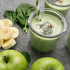 Spinach and green apple smoothie. Healthy eating with spinach detox drink
