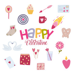 Set of Valentines day symbols and hand lettering Happy Valentine.