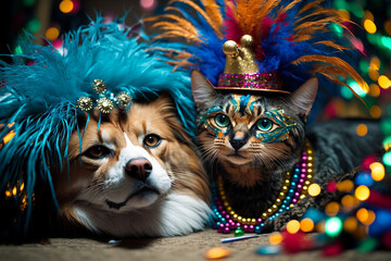 Pawsome Pals: Friends Furry Dog and Cat Rock Colorful Carnival Attire