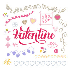 Set of hand drawn borders and frames for Valentines day. Hand drawn lettering Valentine.