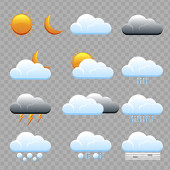 Weather icons. Realistic weather icons set isolated on transparent background. Forecast weather flat symbols.