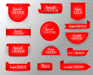 Collection of Offer Tags. Ribbon sale banners isolated. Red Discount Labels