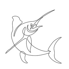 Drawing of a jumping swordfish made in the one line art technique. Minimalistic black and white image
