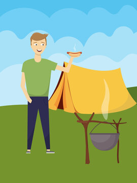 Camping young guy with hot dog, tent, campfire