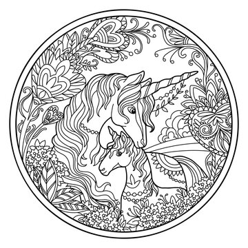 Unicorn and foal in flowers round coloring vector illustration