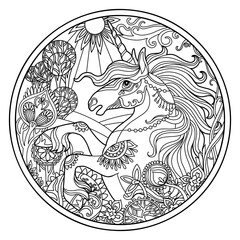 Portrait of unicorn in flowers round coloring vector illustration © alinart