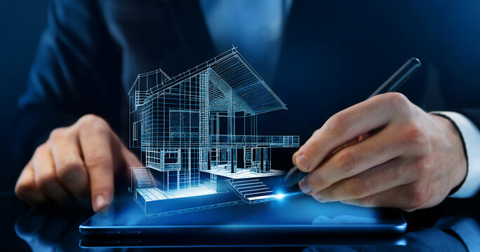 Concept house design. Designer sketching a house on a tablet