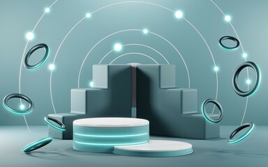 3D render of Podium background in blue tones for displaying cream products. cosmetics