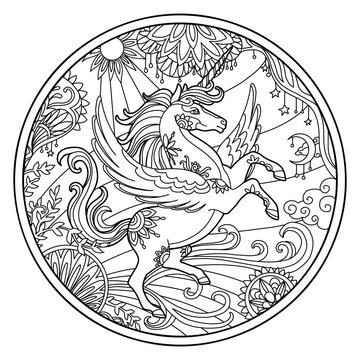 Pegasus in flowers round coloring vector illustration