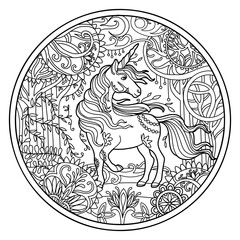 Beautiful unicorn in flowers round coloring vector illustration © alinart