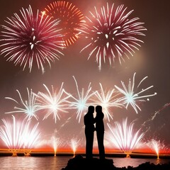 Fototapeta na wymiar romantic two people looking to each other backlit in night sky fireworks Generative AI