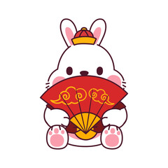 White Rabbit Character With Chinese Paper Fan, Transparent Background Illustration