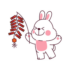 White Rabbit Character With Firecracker, Transparent Background Illustration