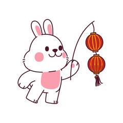 White Rabbit Character With Firecracker, Transparent Background Illustration