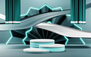 3D render of Podium background in blue tones for displaying cream products. cosmetics