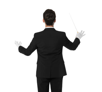 Professional conductor with baton on white background, back view