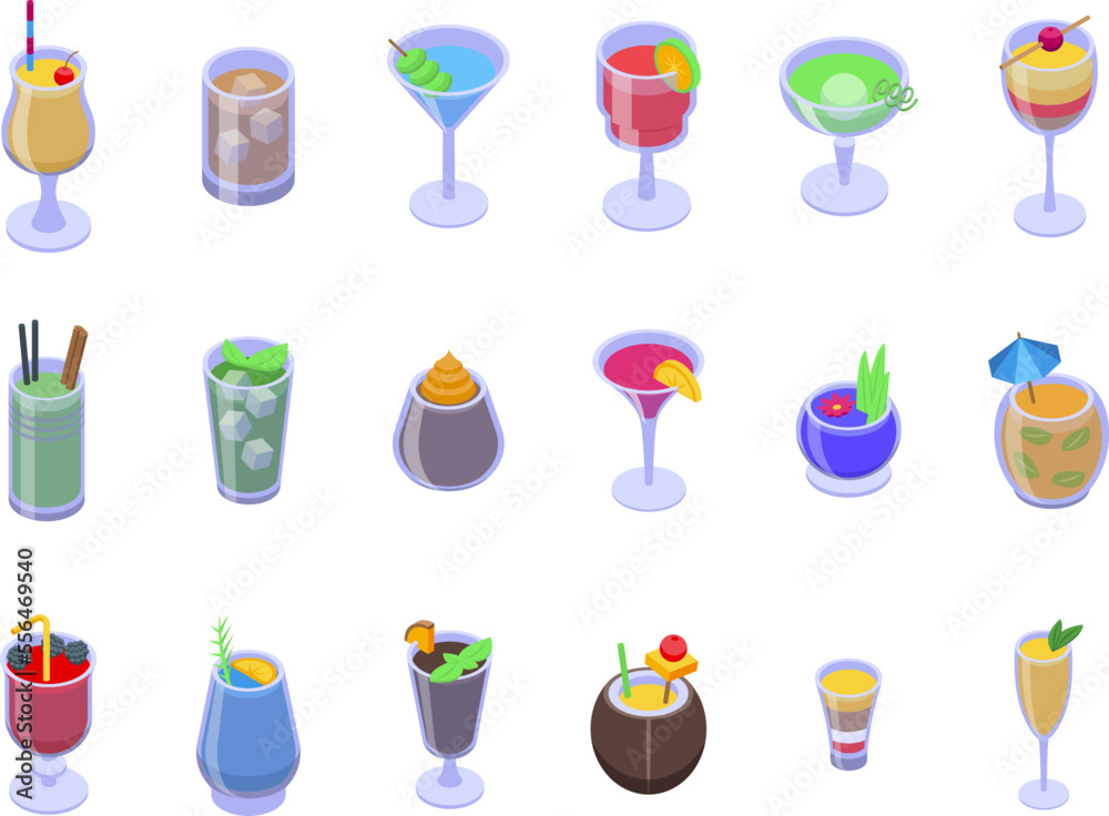 Sticker alcoholic cocktail icons set isometric vector. food drink. glass bar