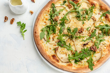 pizza with mushrooms, arugula, cheese. banner, menu, recipe place for text, top view