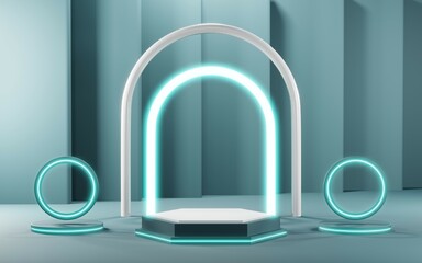 3D render of Podium background in blue tones for displaying cream products. cosmetics