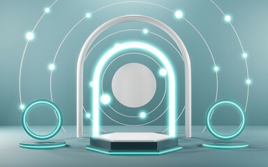 3D render of Podium background in blue tones for displaying cream products. cosmetics