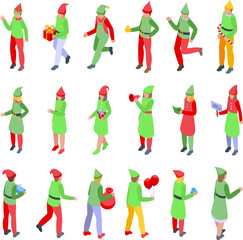 Fototapeta premium Elf icons set isometric vector. Santa elves. Kid dwarf