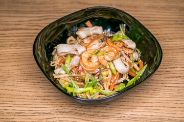 Restaurant dish homemade noodles with seafood