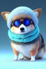  Digital illustration corgi dog smile with knitted scarf,  hoodie and glasses