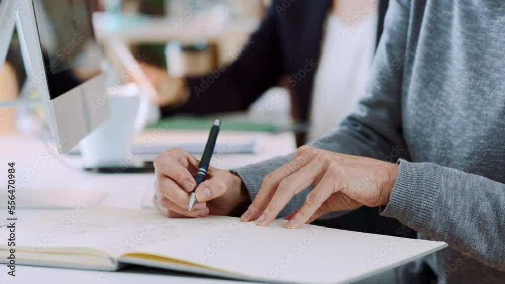 Poster business woman, hands and keyboard, copywriting project research and copywriter with notebook and pe